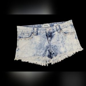 𝅺daytrip Gemini Stone Washed Jean Shorts with Fringe and Sparkle Embellishments